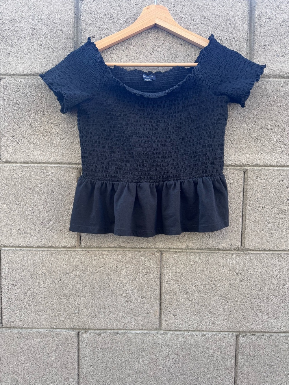 AE Babydoll Smocked Peplum Off the Shoulder Top black medium